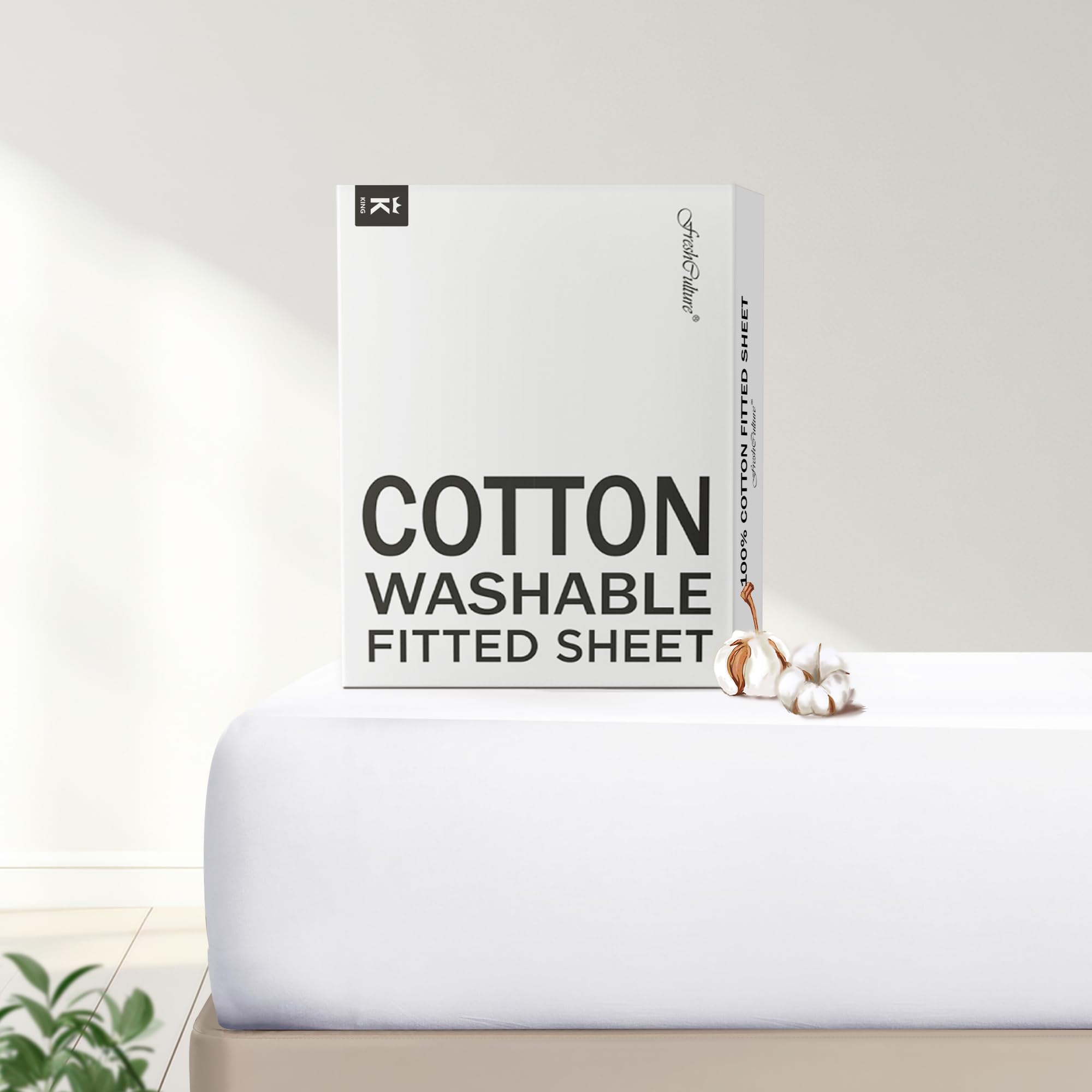 FreshCulture pure cotton fitted sheet on a king bed showing 78x80 fit and soft texture.