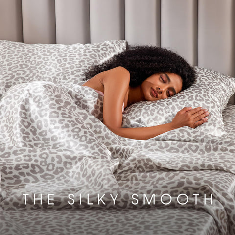 FreshCulture leopard-pattern satin bedroom setup showing stylish bedding