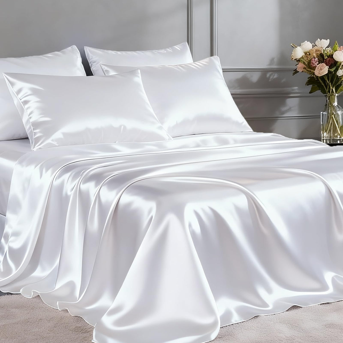 FreshCulture satin sheets queen 4-piece set with a luxurious, silky finish.