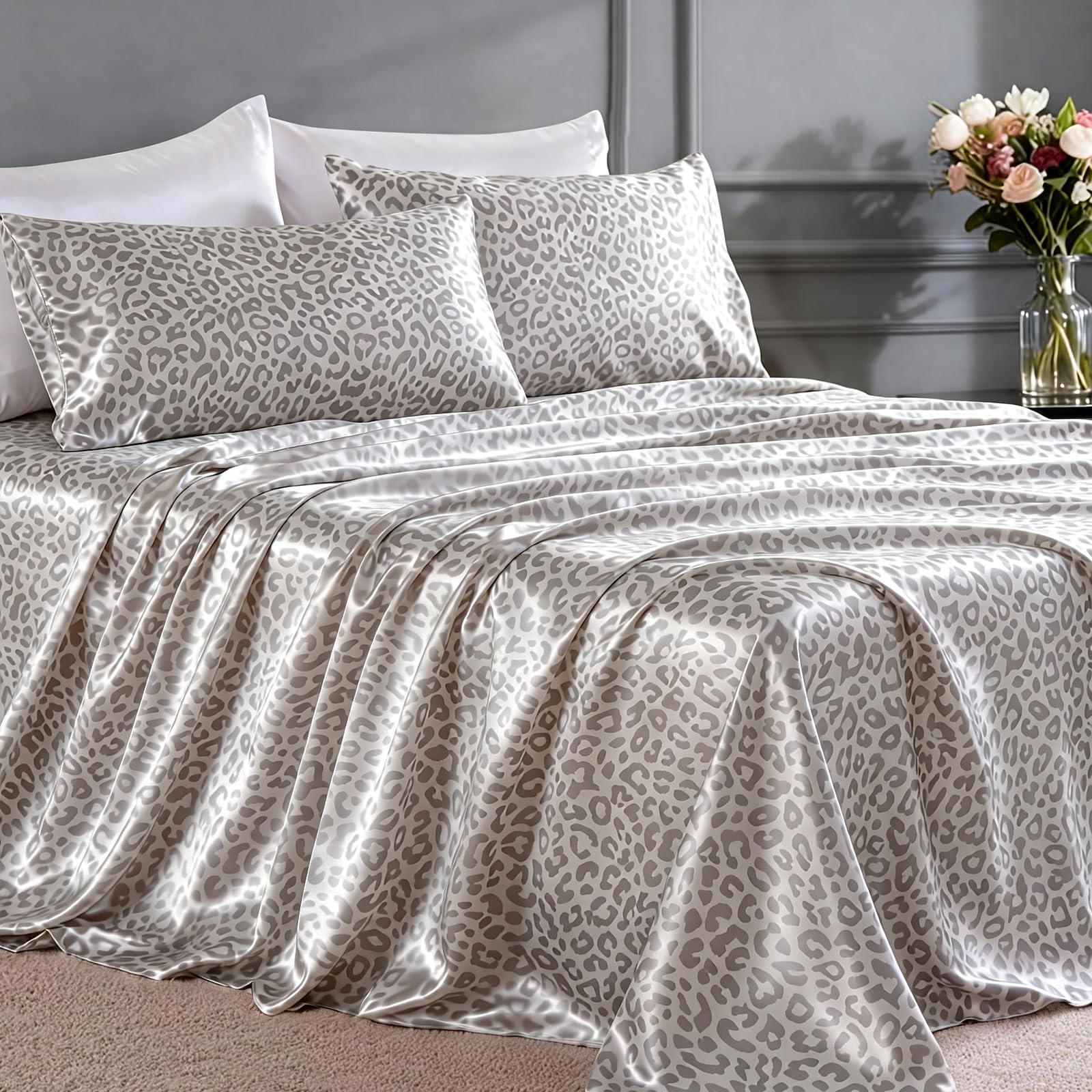 FreshCulture satin sheets queen leopard packaging highlights premium luxury.