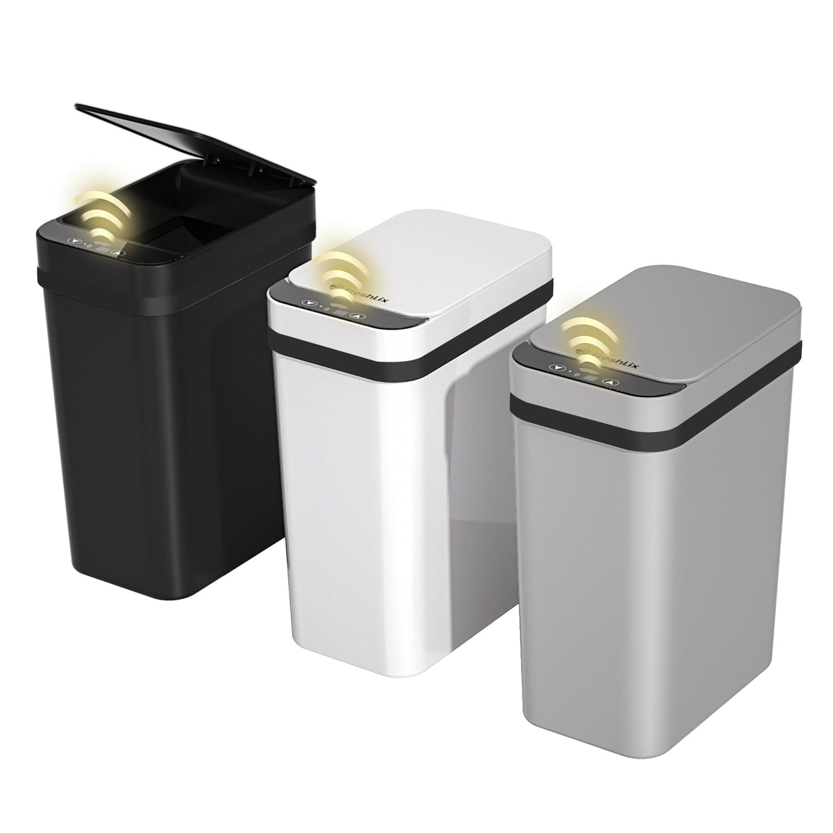 FRESHLIX 3-pack white trash can front view showing slim modern design