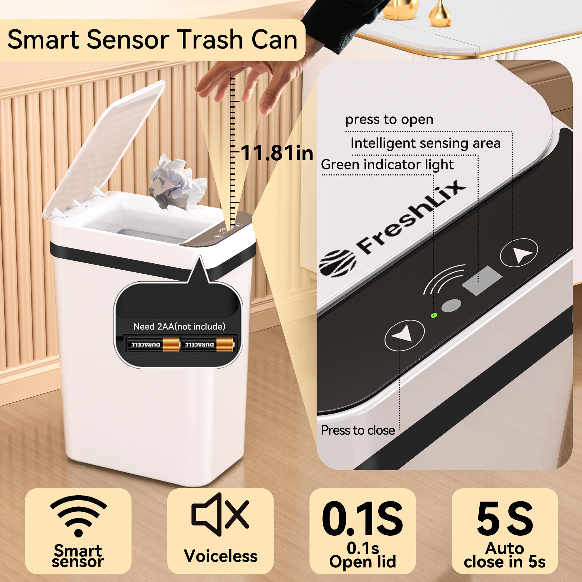 FRESHLIX slim-design trash can fits narrow spaces