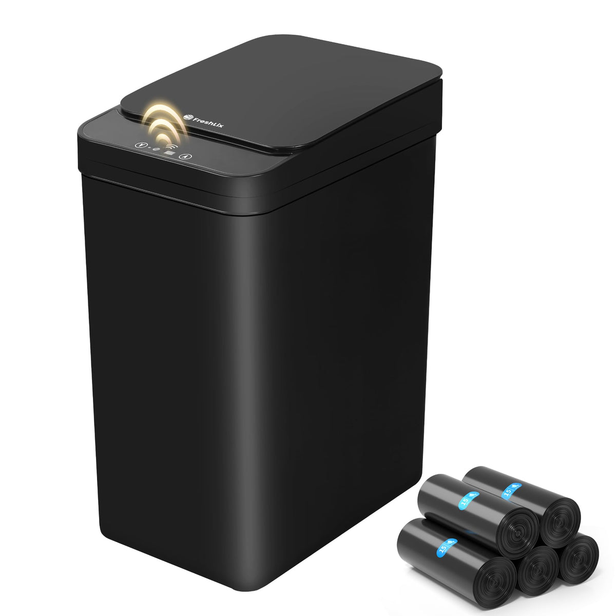 FRESHLIX bathroom trash can with sensor, compact 2.6-gallon capacity for tight spaces.