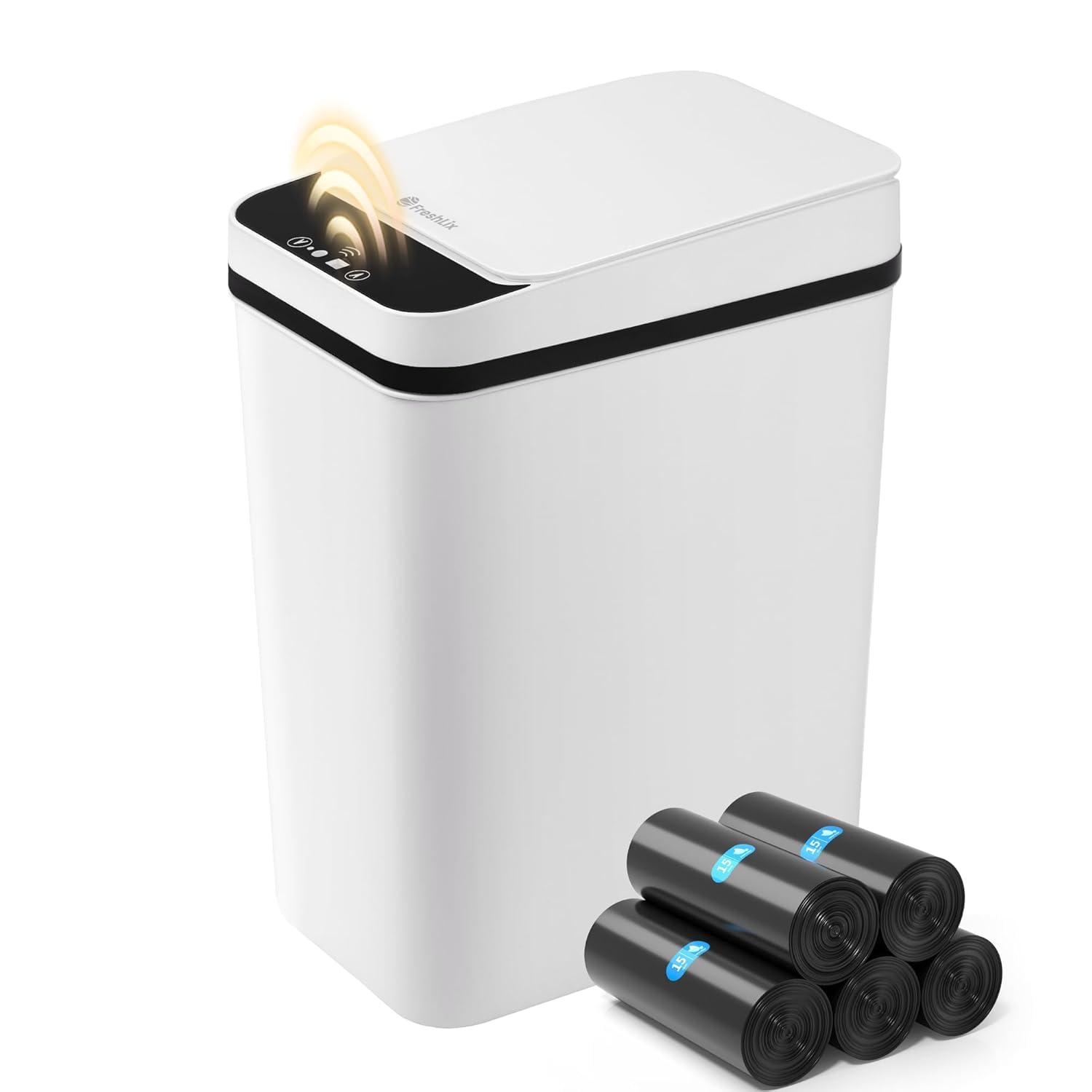 FRESHLIX bathroom trash can lid closed keeps space neat and odors contained.