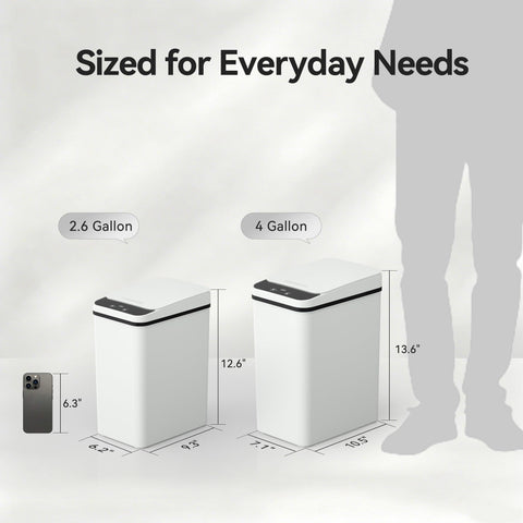 FRESHLIX compact 2.6-gallon trash bin fits tight spaces in baths and offices.