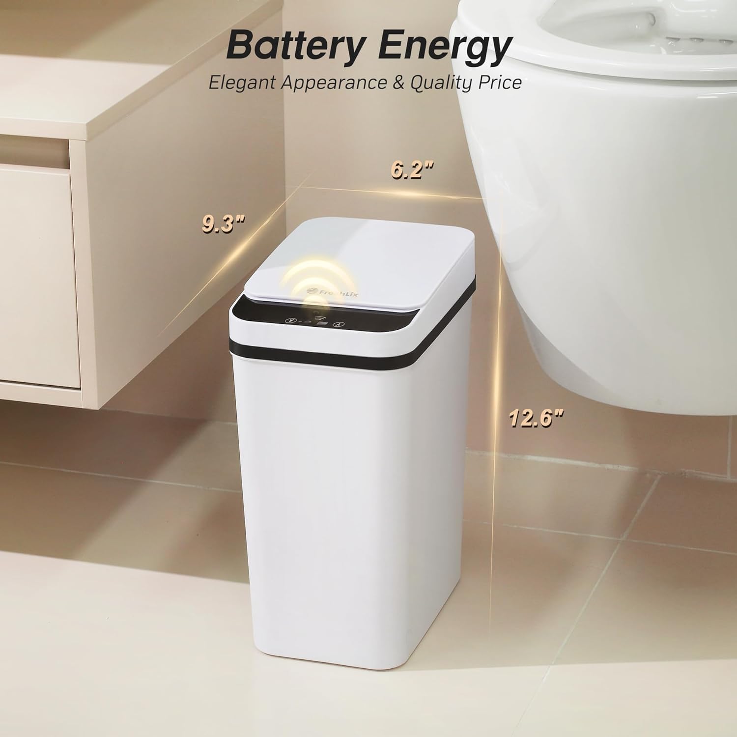 FRESHLIX touchless trash can battery compartment enables hands-free operation.