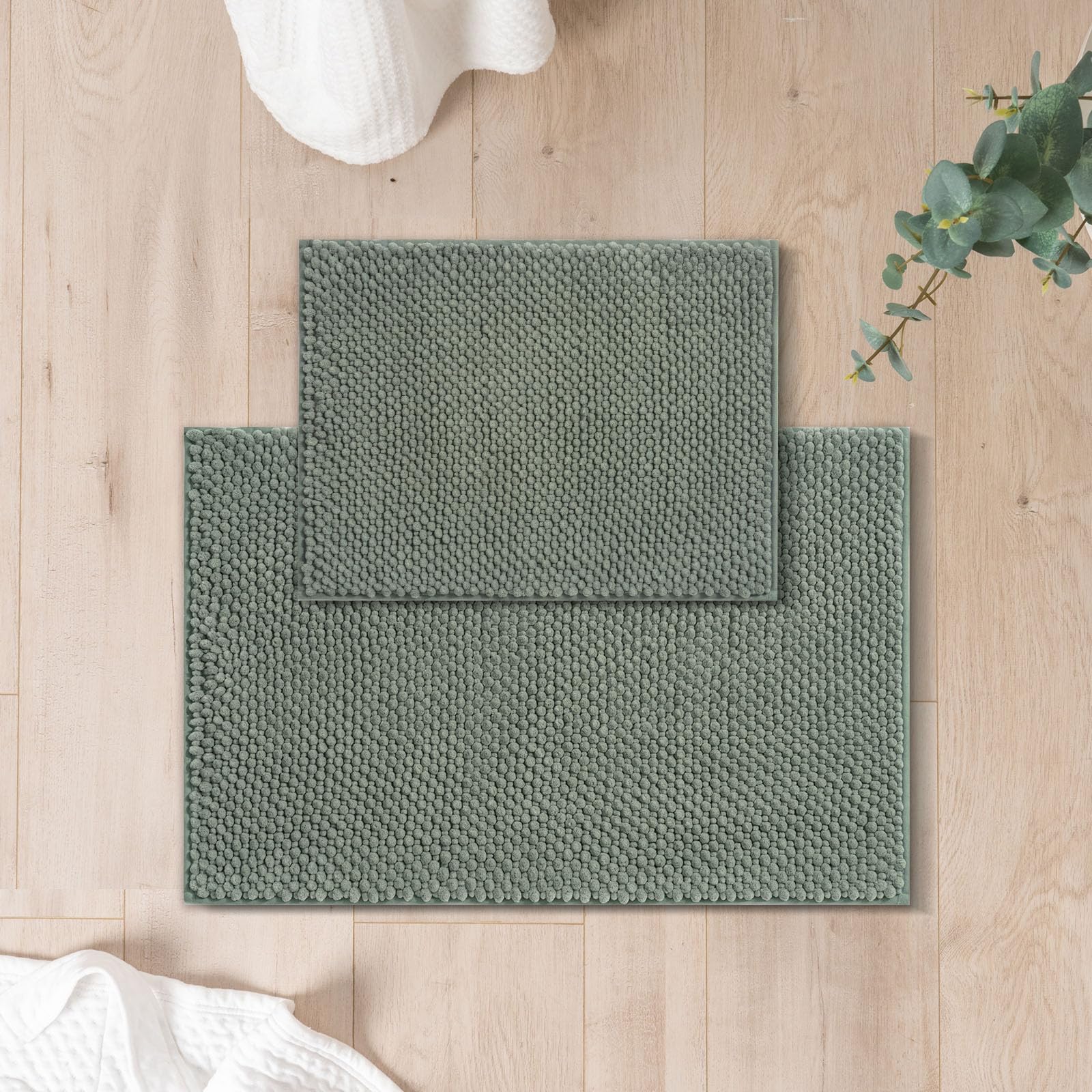 Freshmint chenille bath rug texture in sage green for depth and style.