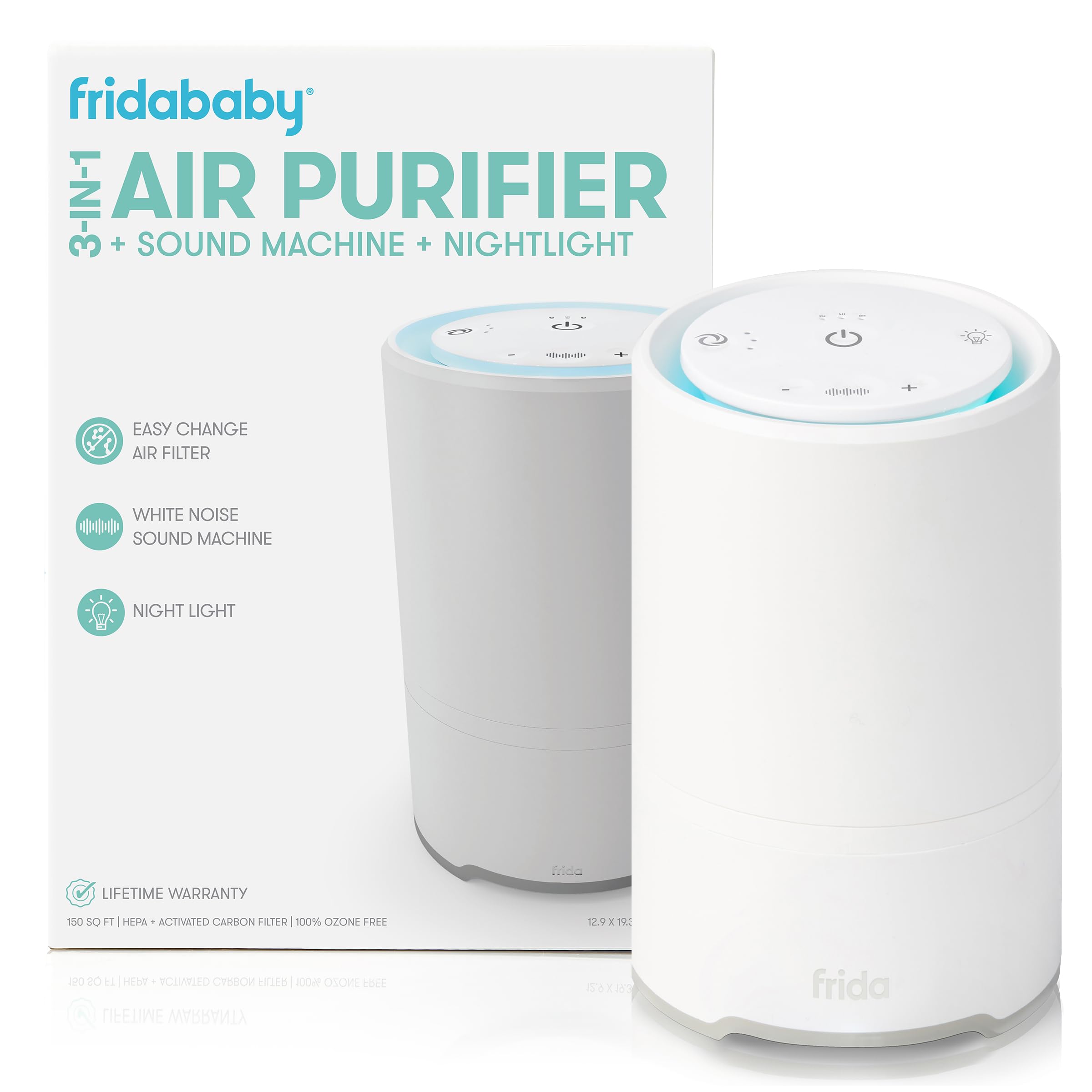 Frida Baby 3-in-1 air purifier front view with calming nightlight.