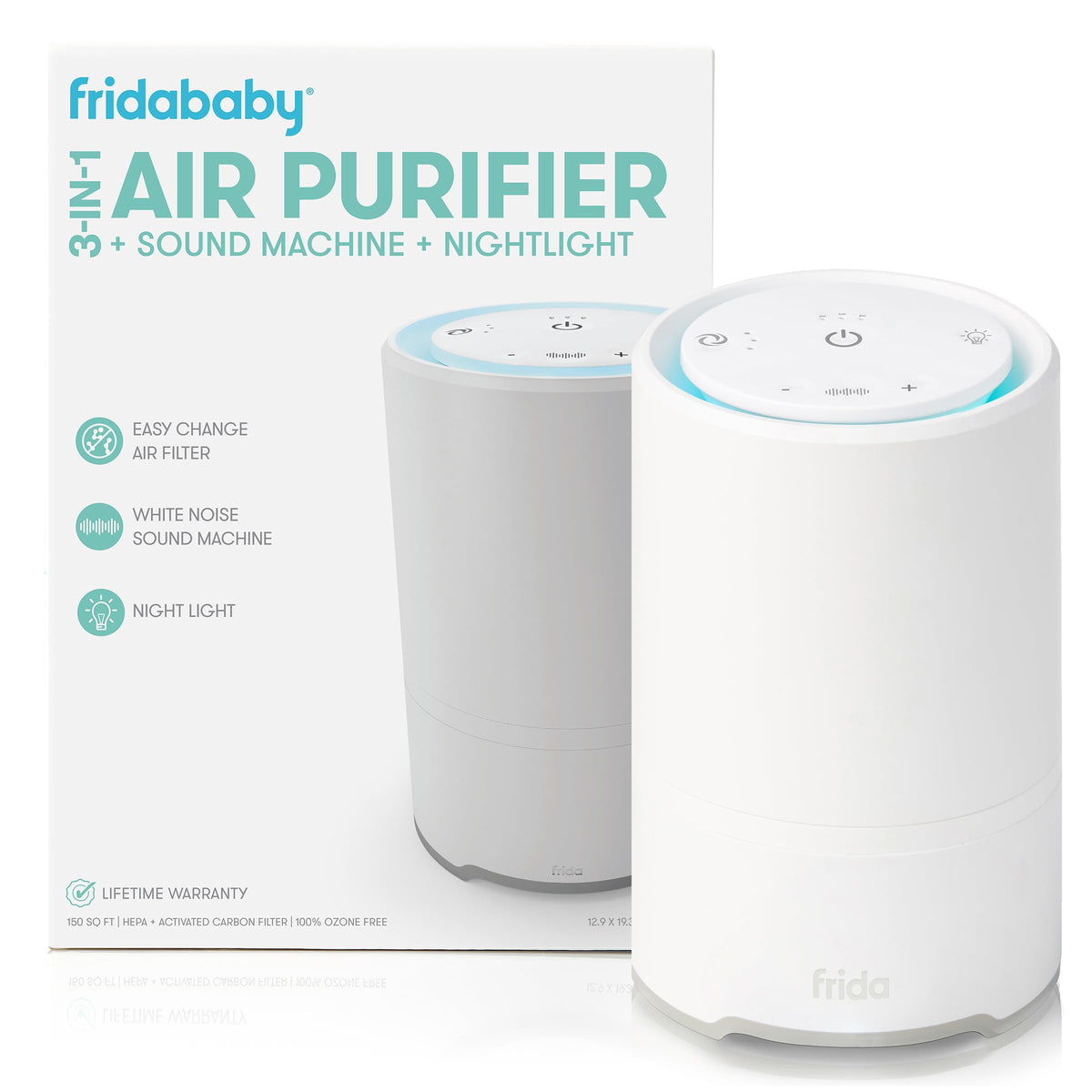 Frida Baby 3-in-1 air purifier front view with calming nightlight.