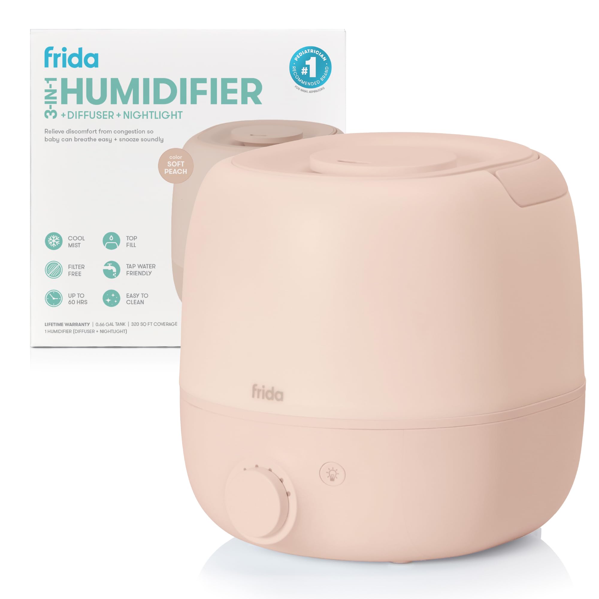 Frida Baby 3-in-1 humidifier top-fill for easy refills and mess-free operation.
