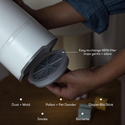 Frida Baby HEPA filter cartridge targets smoke, odors, and pollutants in the room.