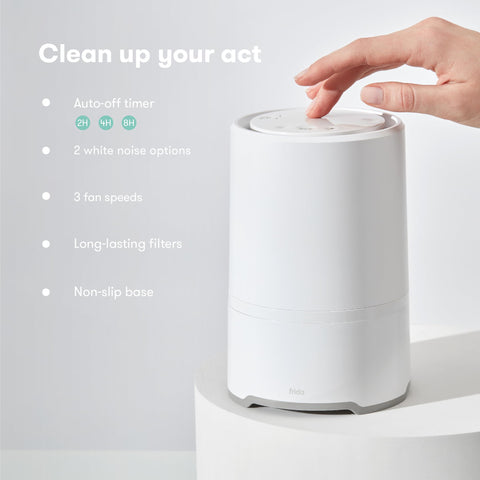 Frida Baby air purifier sleep-sounds panel showcases two soothing options.
