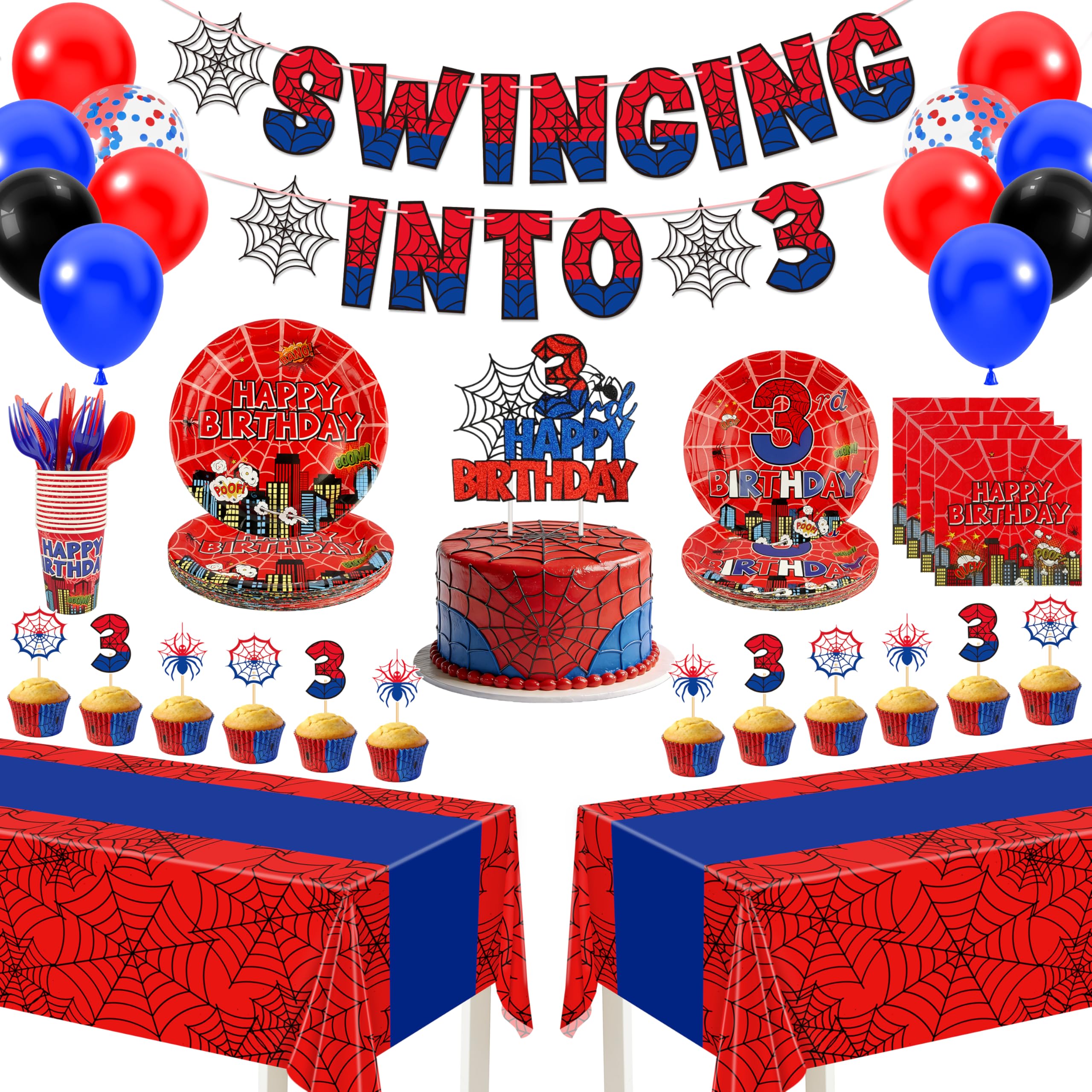 FRIENDISU Spider 3rd Birthday banner swinging into 3 – bold hero intro for the party