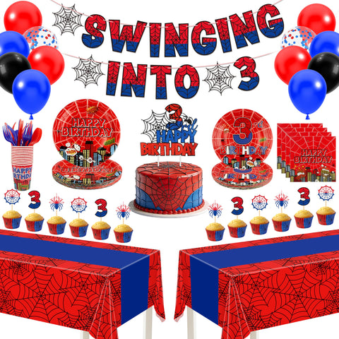 FRIENDISU Spider 3rd Birthday banner swinging into 3 – bold hero intro for the party