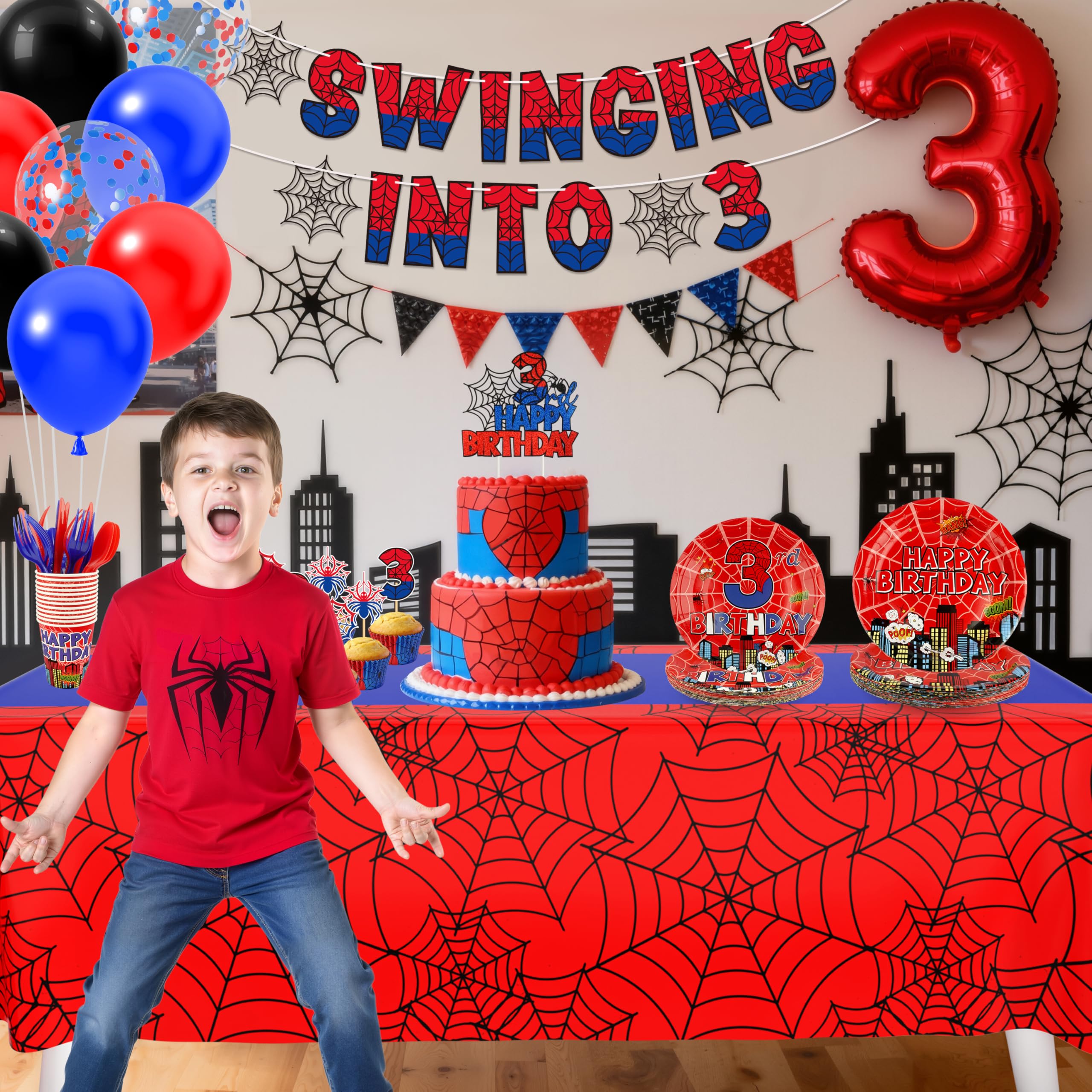 FRIENDISU Spider 3rd Birthday tablecloth protects surfaces during messy moments