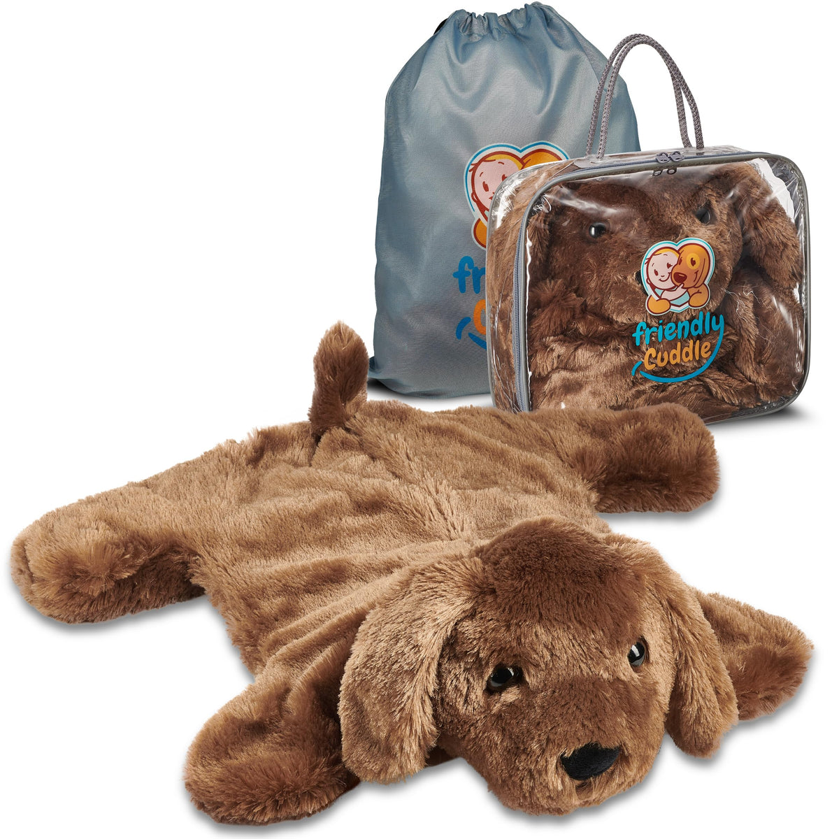 Friendly Cuddle weighted lap blanket with plush dog provides sensory comfort.