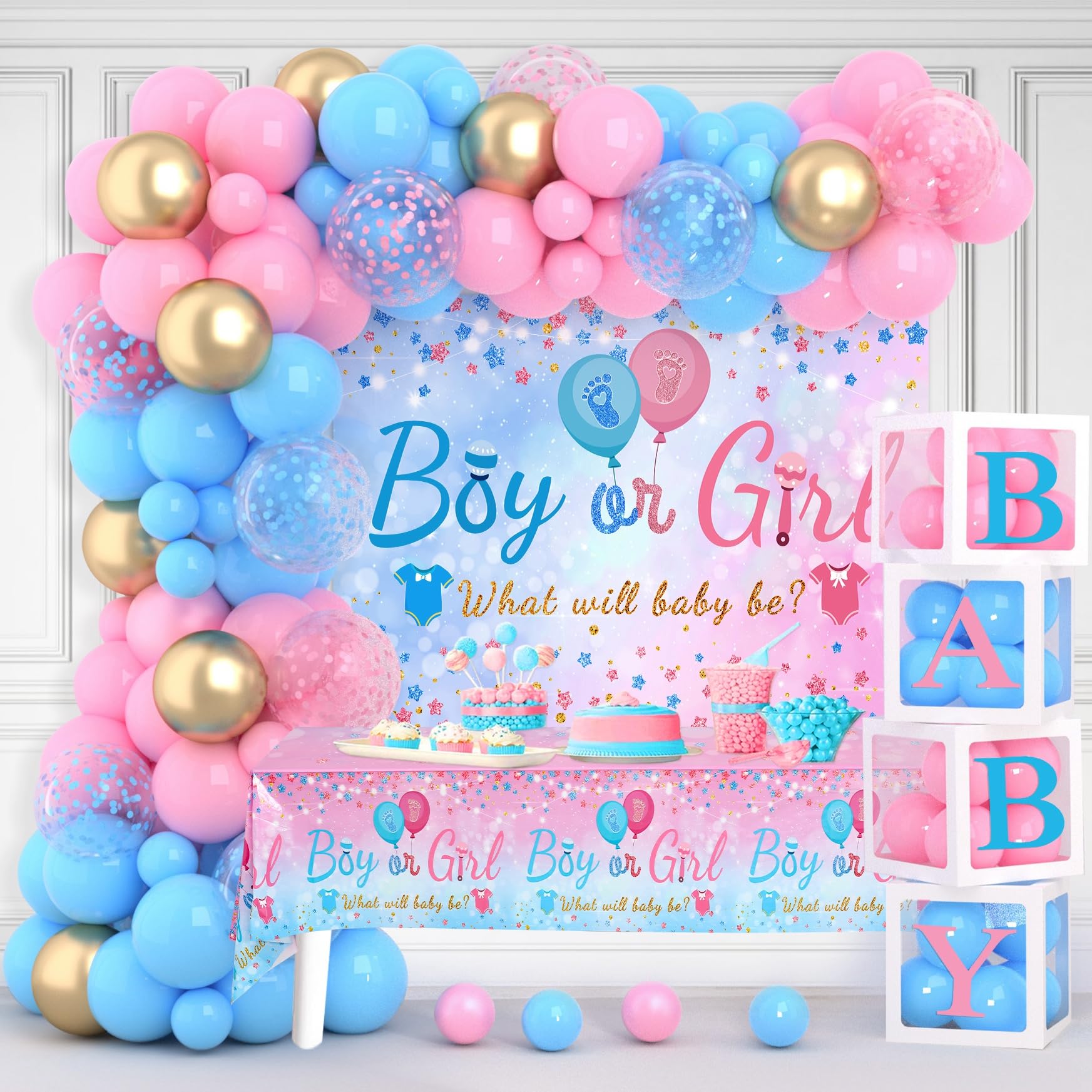 Frigg baby gender reveal arch with pink and blue balloons for festive photos.