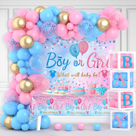Frigg baby gender reveal arch with pink and blue balloons for festive photos.