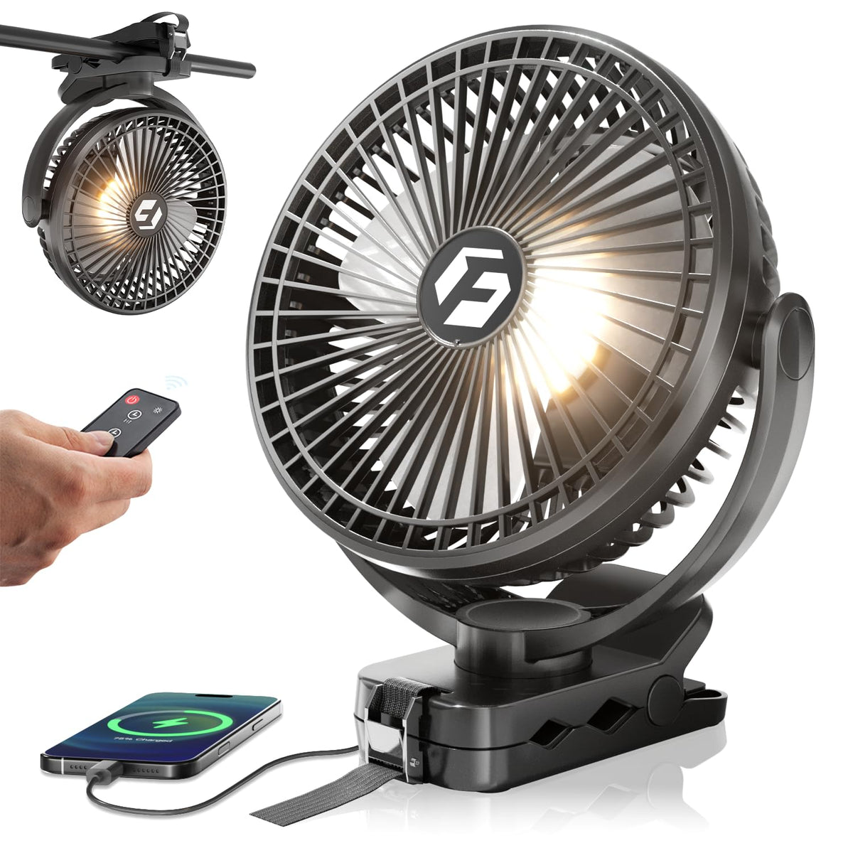 FRIZCOL 24000mAh clip-on fan front view for outdoor cooling on the go