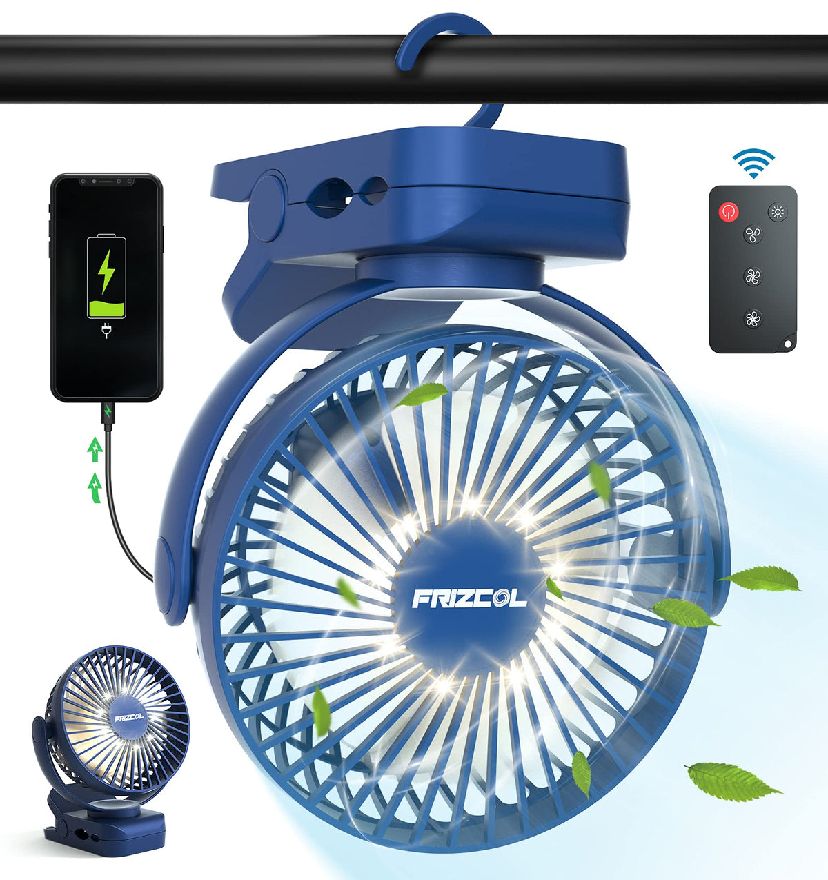 FRIZCOL Clip-On Fan remote control for easy outdoor adjustments.