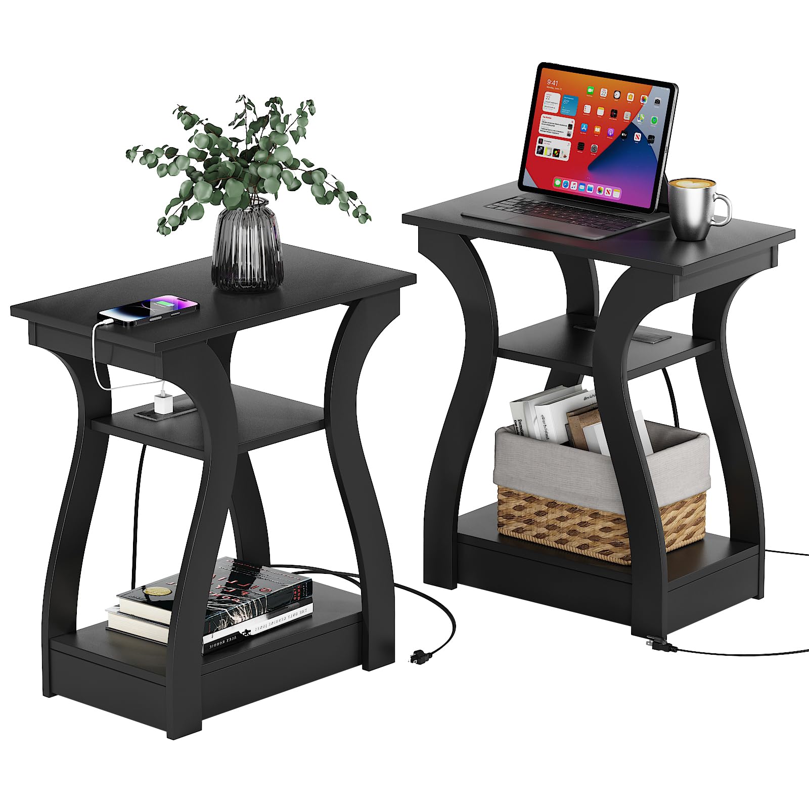 FromJBEST black end table with charging station and USB ports for easy charging.