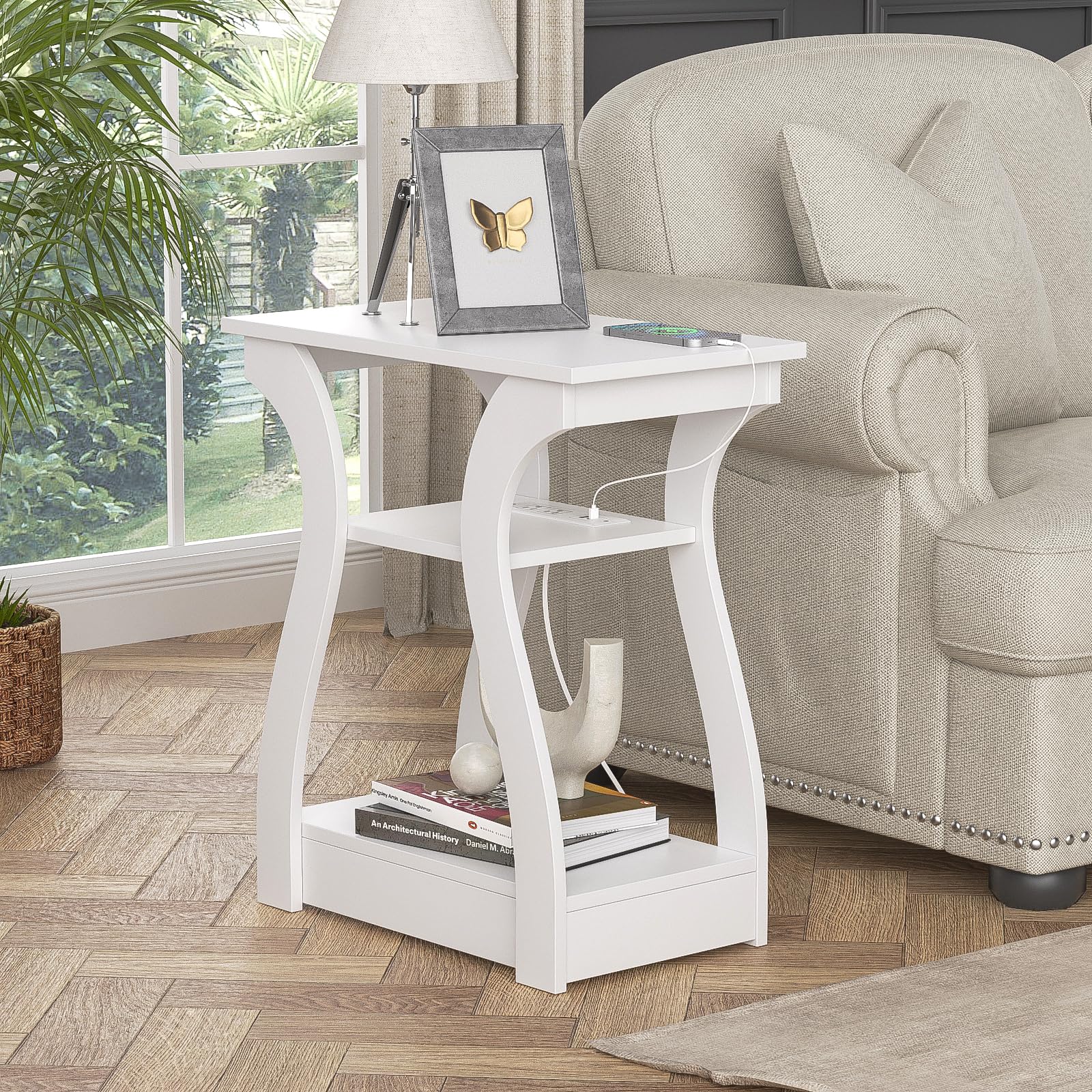 FROMJBEST charging-friendly table keeps devices within reach during TV time