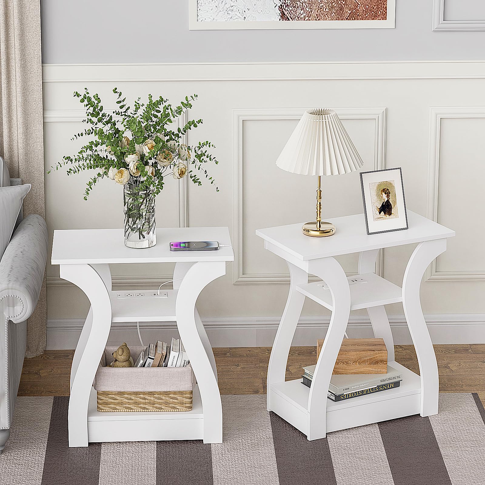 FROMJBEST end table with charging station for easy device charging in the living room