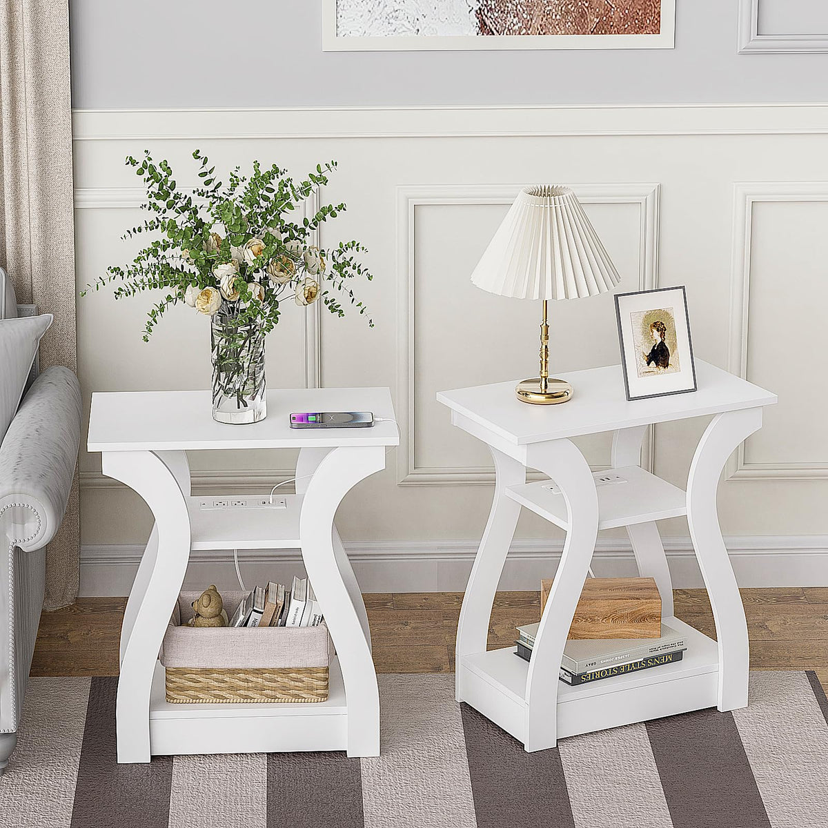 FROMJBEST end table with charging station for easy device charging in the living room