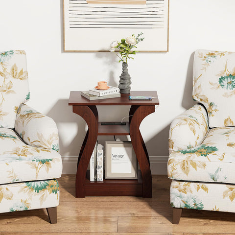 FROMJBEST cherry end table lower shelf for easy storage and display.