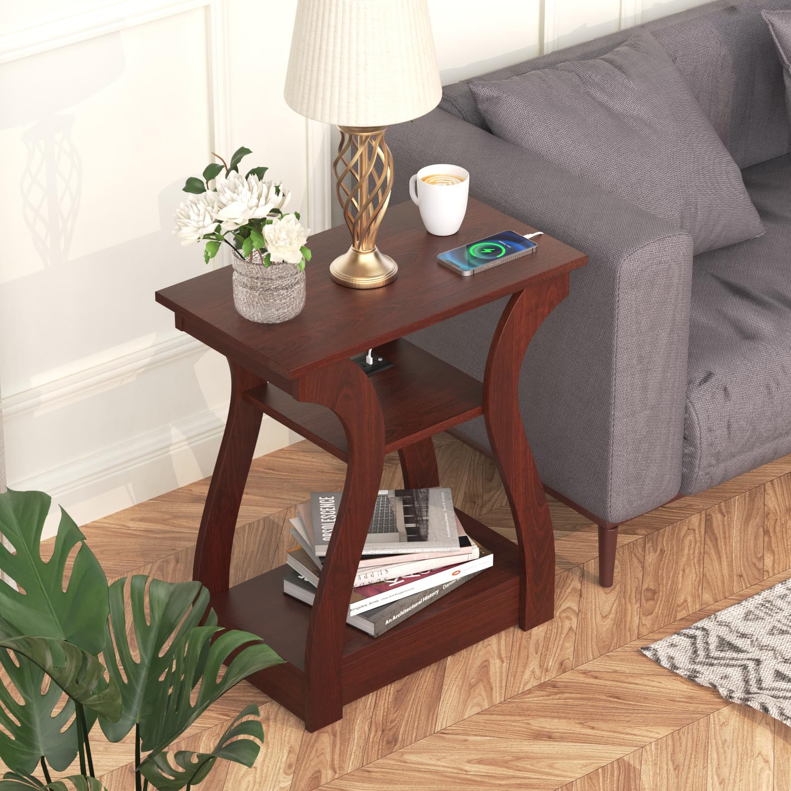 FROMJBEST cherry end table packaging and quick assembly steps.