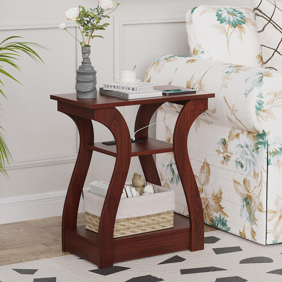 FROMJBEST cherry end table top view with sleek arc and warm finish.