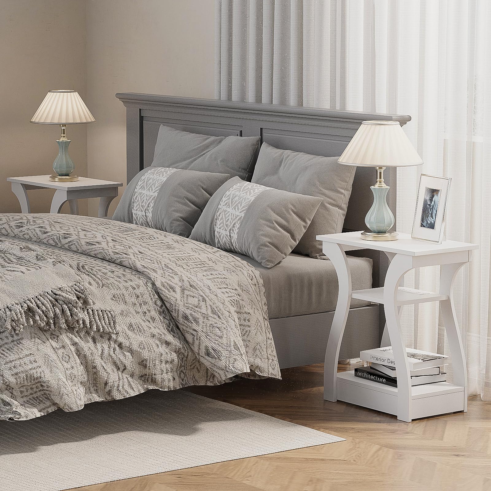 FROMJBEST white nightstand blends bedside surface with concealed storage