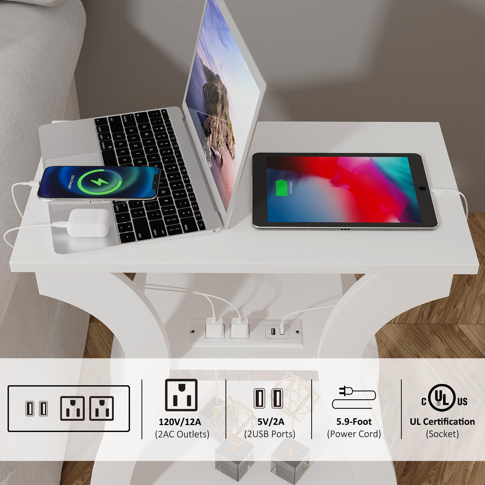 FROMJBEST side table with lower shelf supports books and remotes nearby