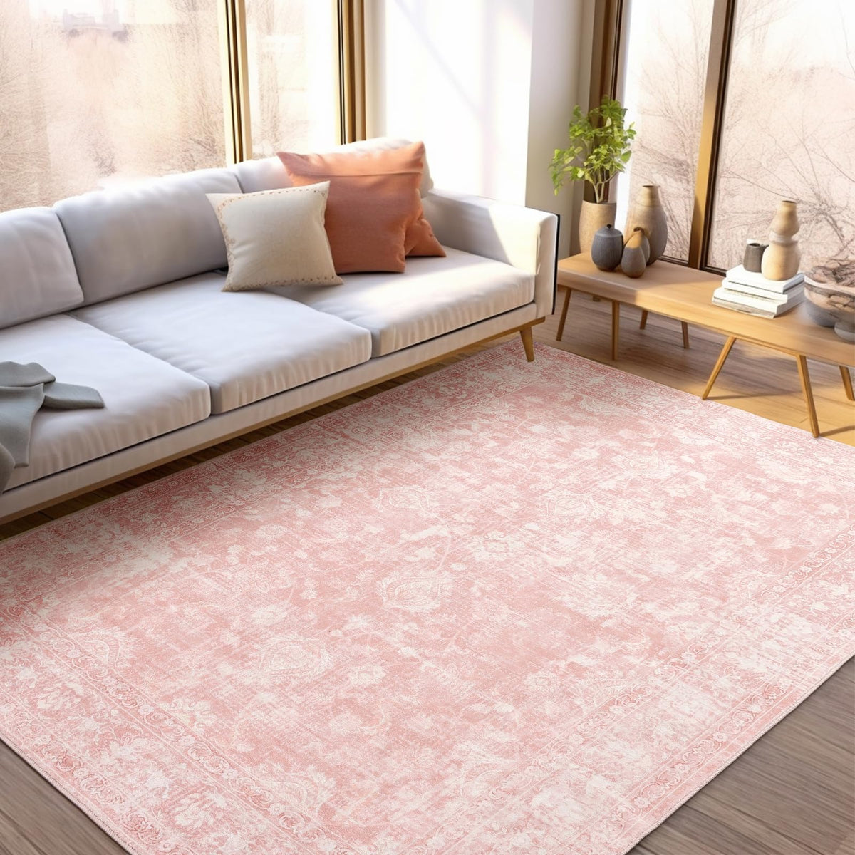 FROZZUR Boho Pink Area Rug with vintage floral pattern adds warmth to living rooms