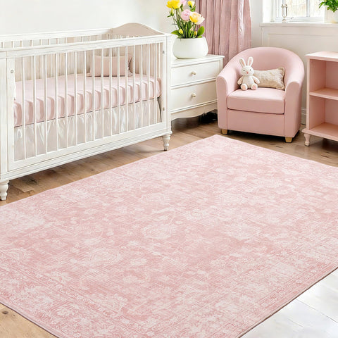 FROZZUR Boho Pink Rug features non-slip backing for nurseries and play areas