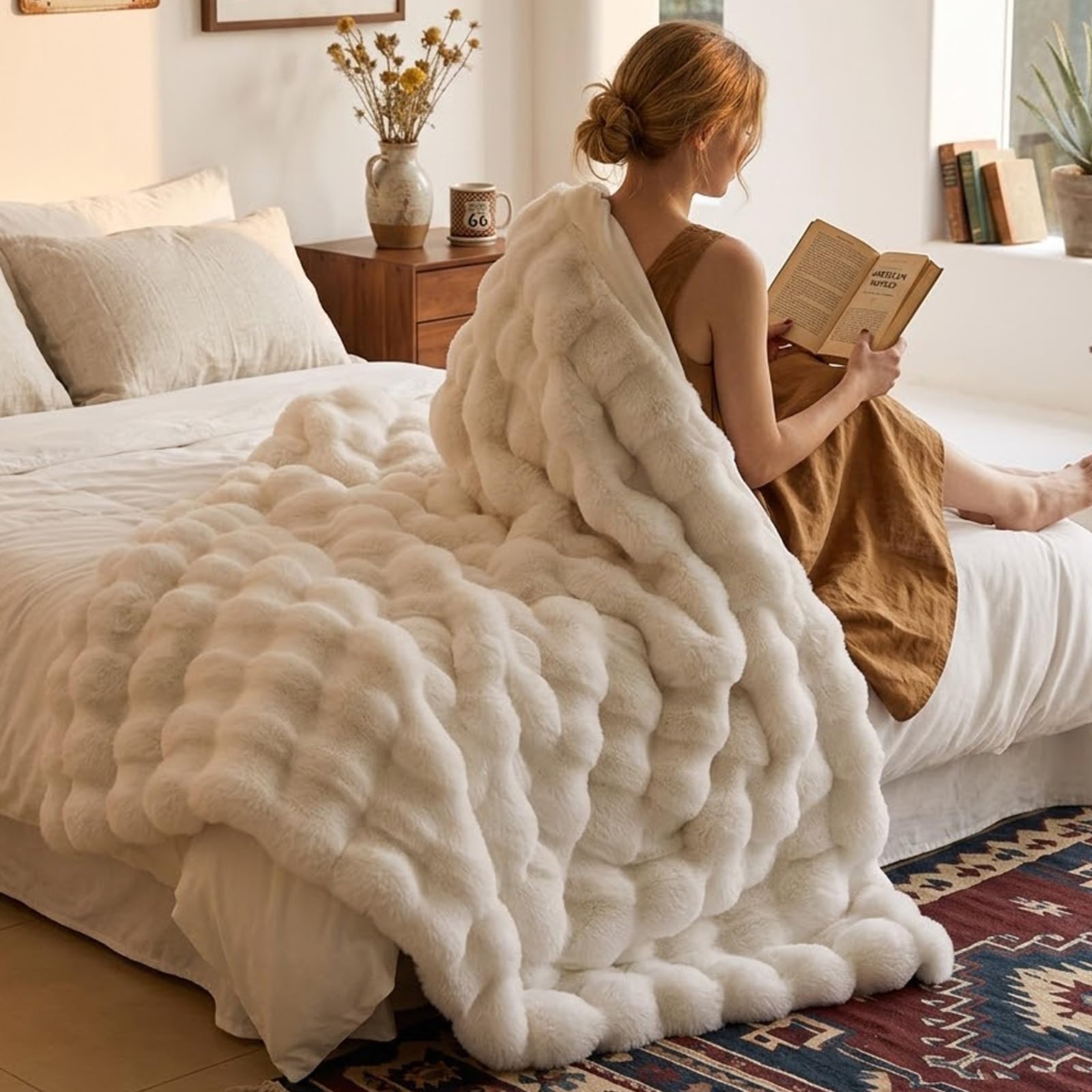Fruaros double-sided faux fur closeup highlighting plush 3D bubbles for all-season warmth