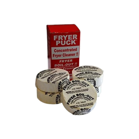 Fryer Puck cleaner tablets in a 4 oz box for tough fryer cleaning