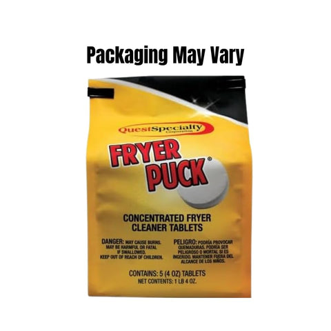Packaging and kitchen counter show Fryer Puck tablets