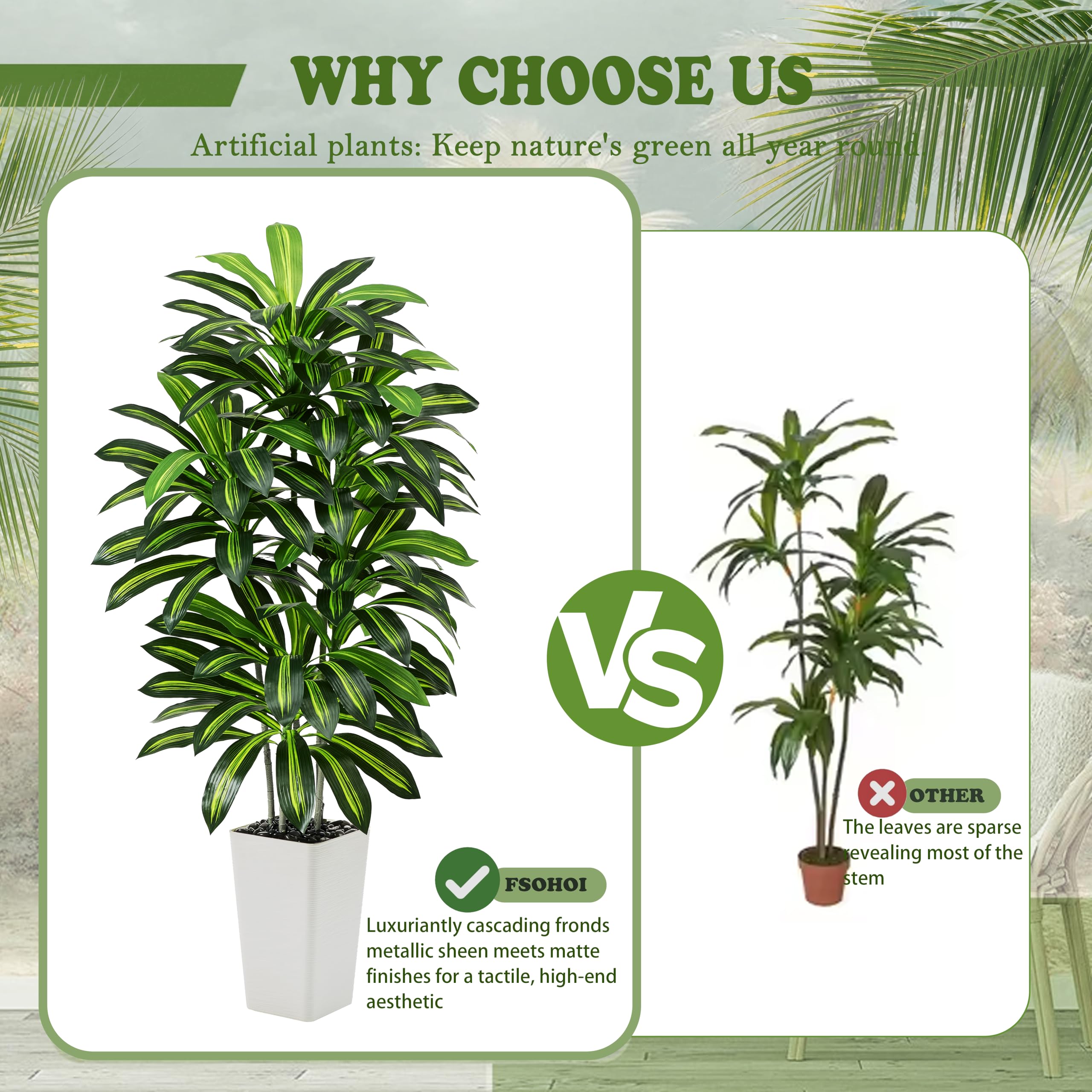 FSOHOI moss and white planter accent on artificial Dracaena tree