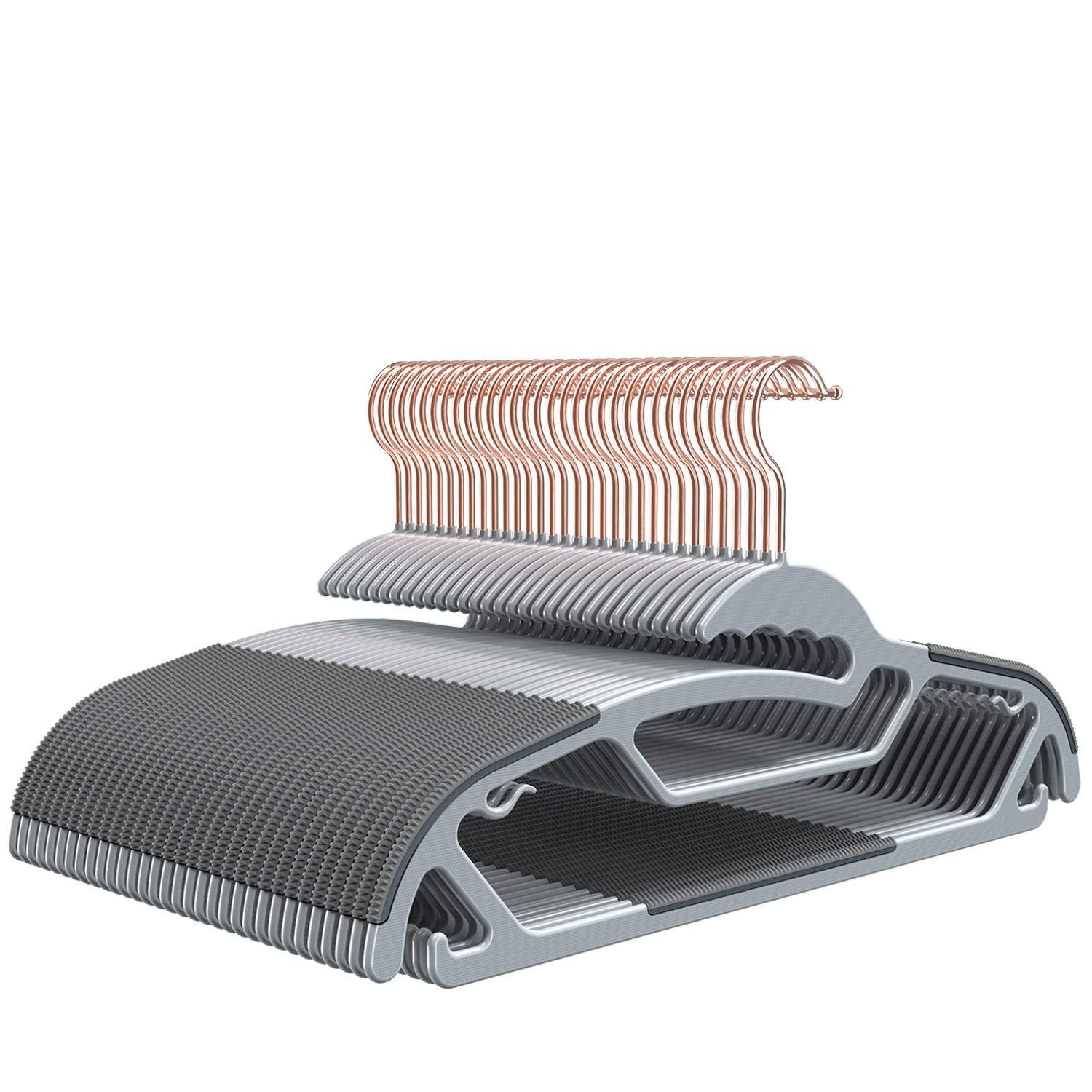FSUTEG 50-pack S-shaped hangers with non-slip grips for clutter-free closet organization.