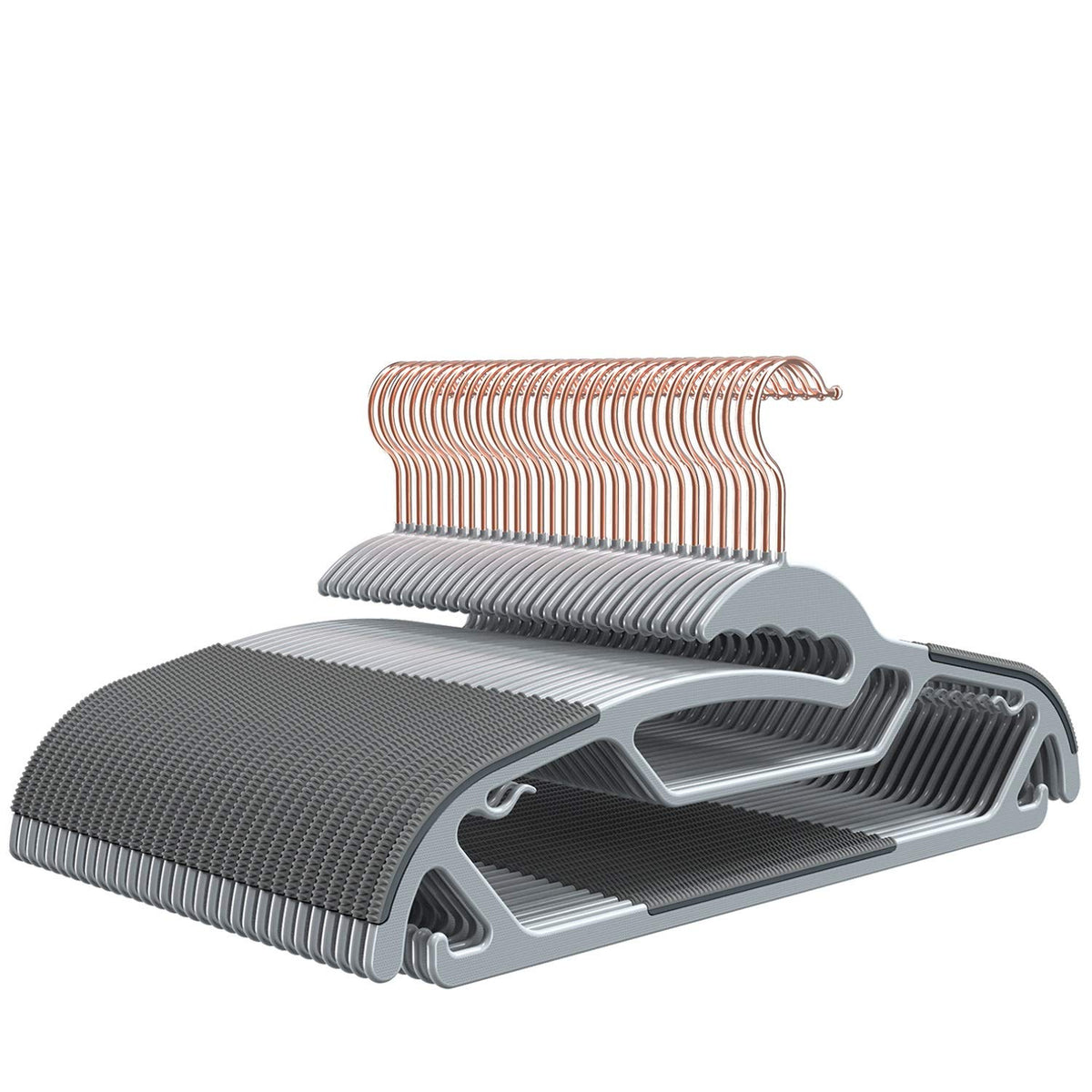 FSUTEG 50-pack S-shaped hangers with non-slip grips for clutter-free closet organization.
