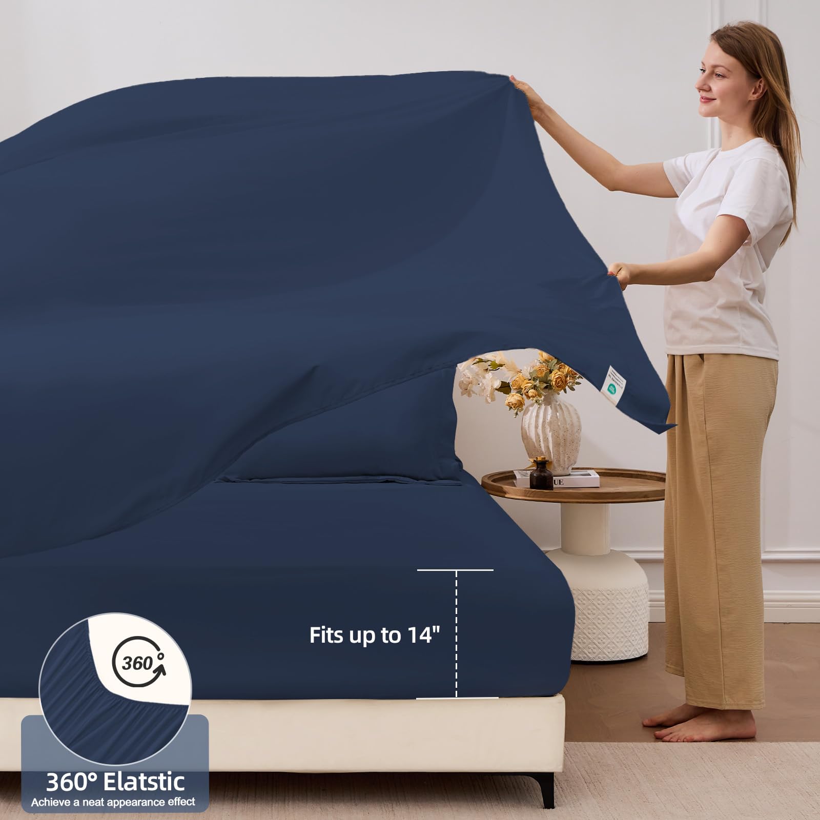 FUANNA deep-pocket fitted sheet secures thick mattresses.