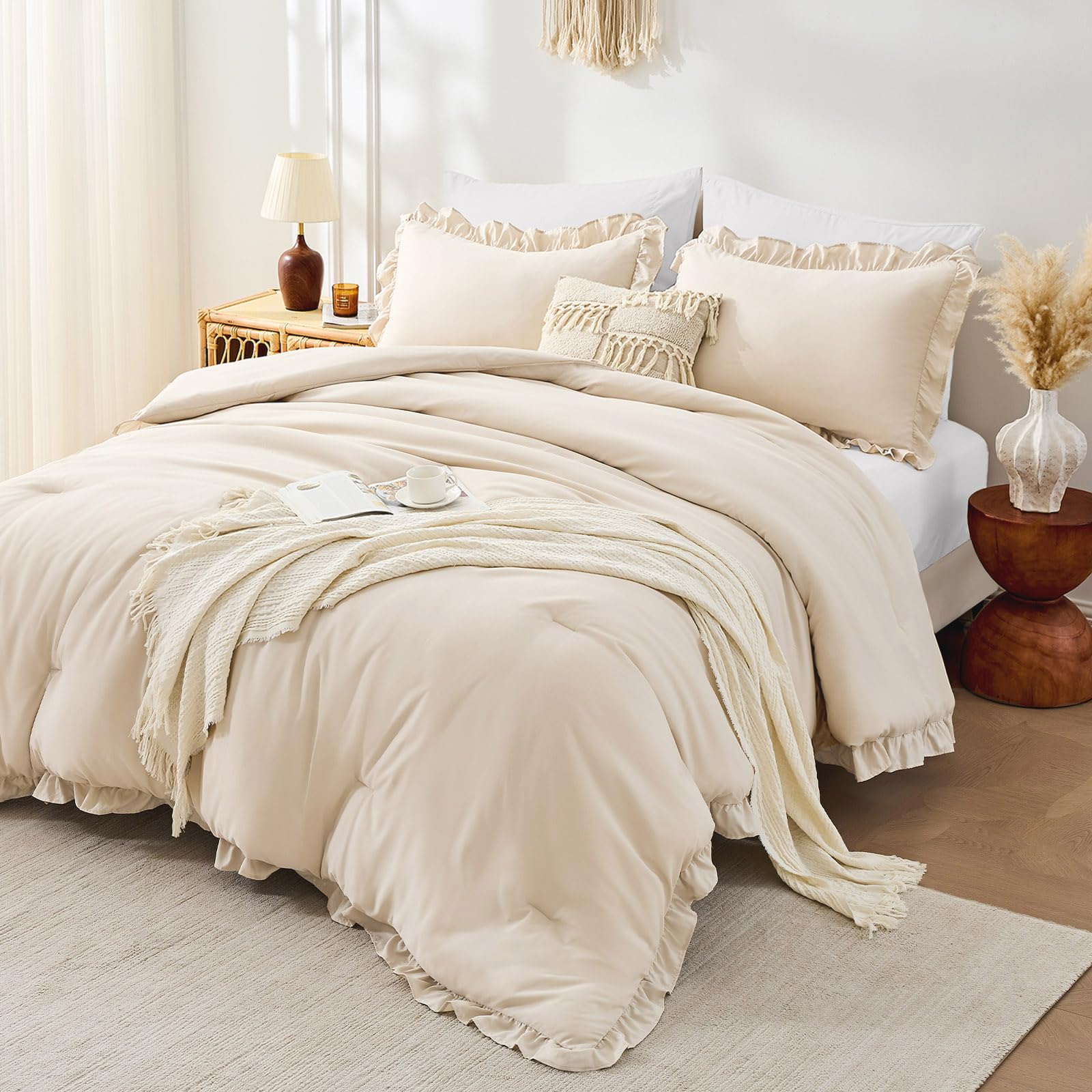 FUANNA queen comforter beige with ruffle-detail for timeless elegance.