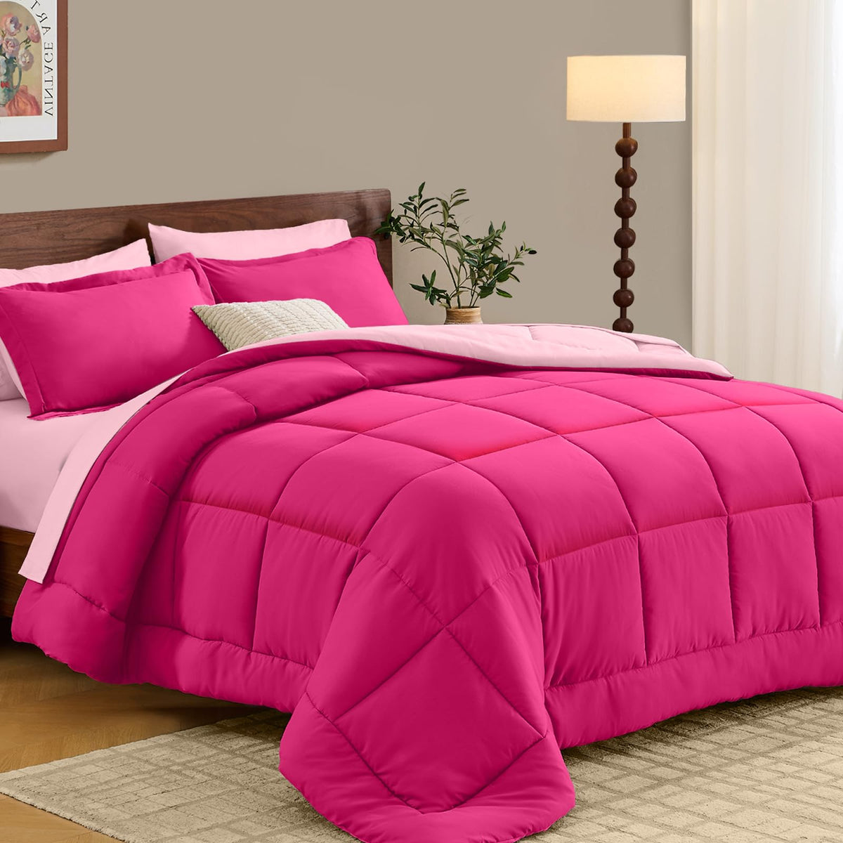 FUANNA Queen Comforter Set 7 pieces shown, highlighting complete bedding versatility for year-round use.