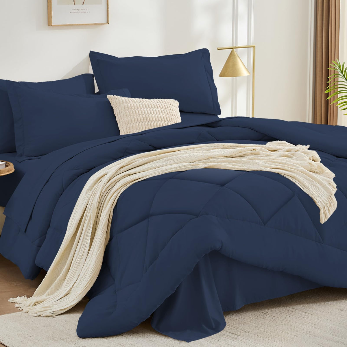 FUANNA queen comforter set showcases navy quilted design and plush warmth.