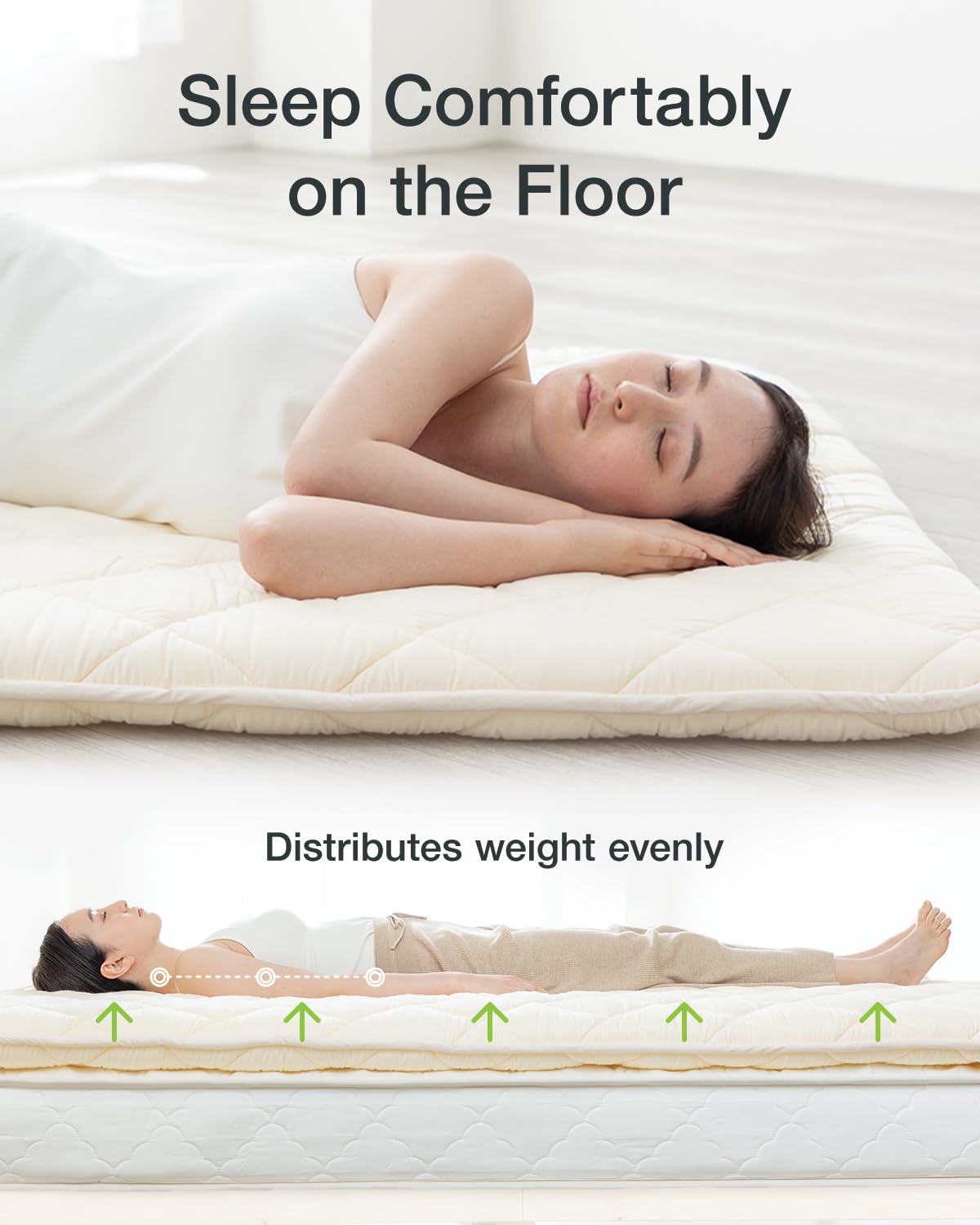 FULI Futon on floor demonstrates breathable cotton surface for cool nights