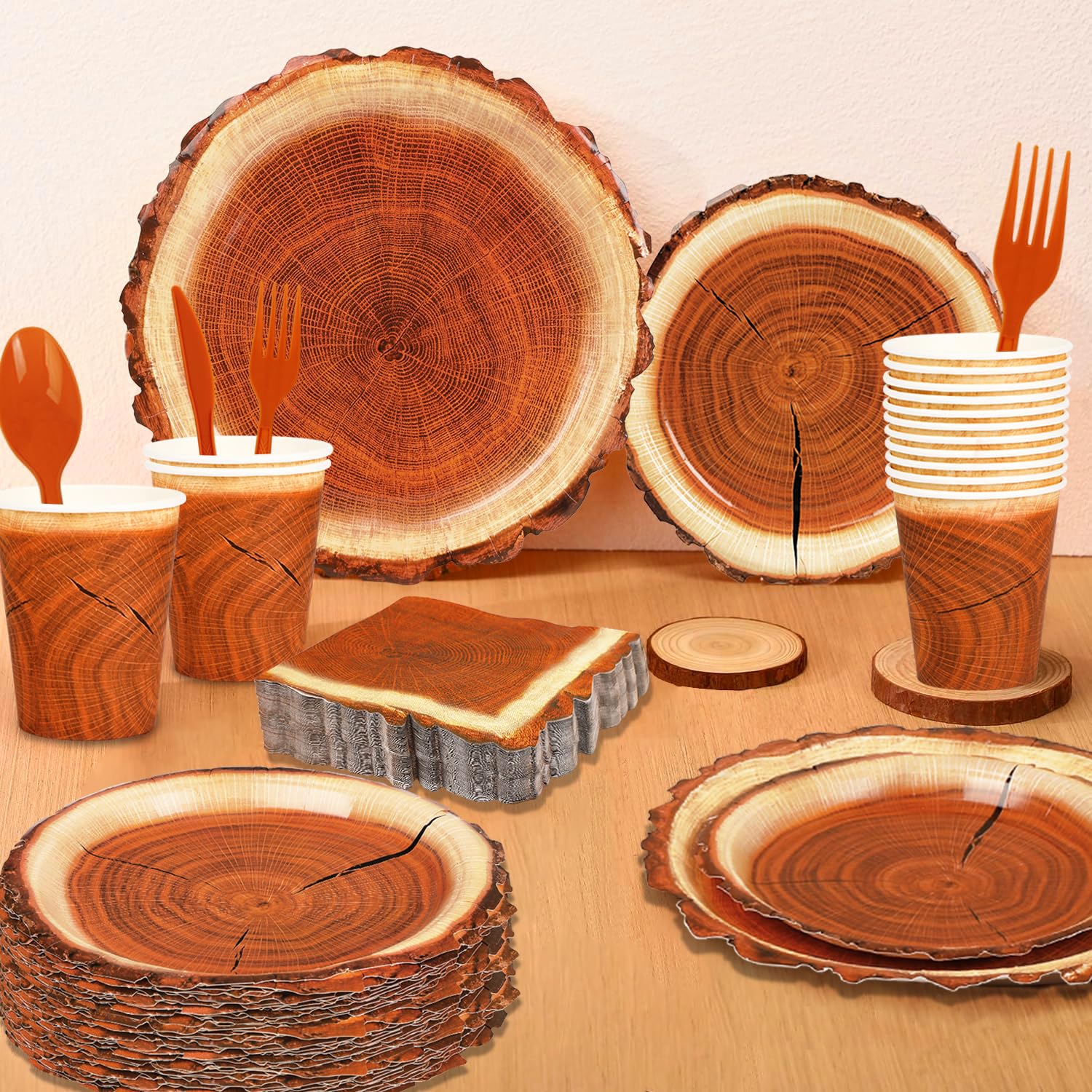 Fuljoooy rustic wood-theme party supplies enhance lumberjack celebrations.