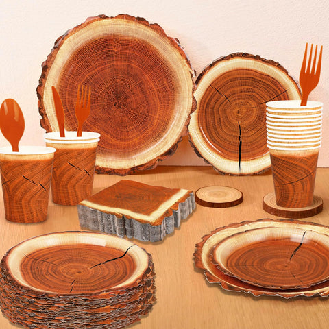 Fuljoooy rustic wood-theme party supplies enhance lumberjack celebrations.