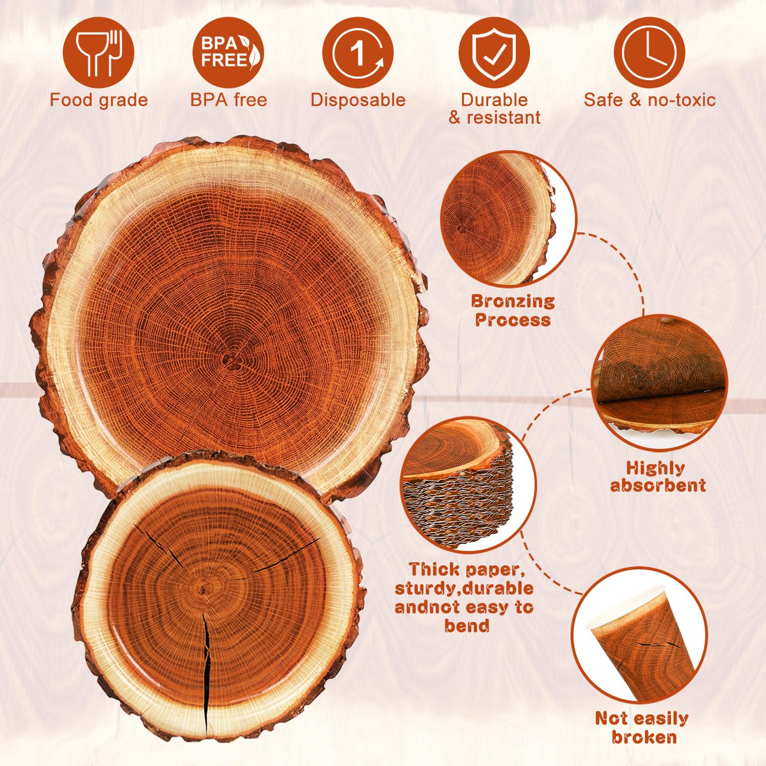 Fuljoooy wood slice napkins add rustic charm to camping tables.