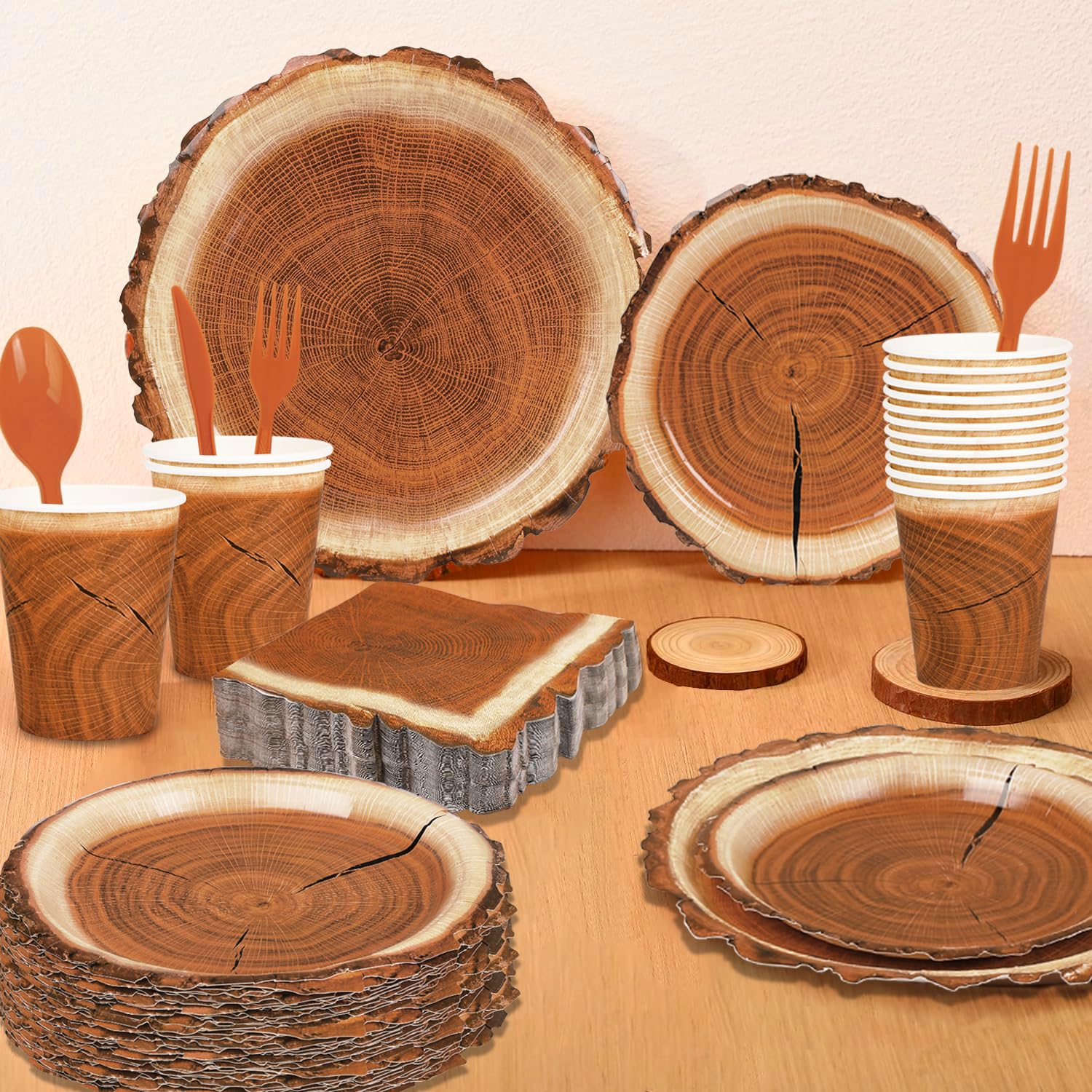 Fuljooy rustic wood slice tableware set coordinates with outdoor decor.